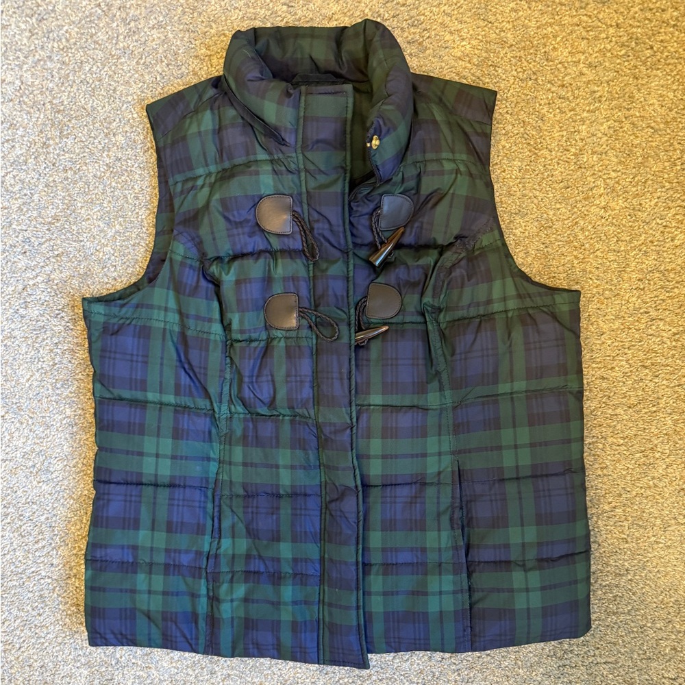 Charter Club Green and Blue Plaid puffer Vest with toggle buttons & zipper 1x
